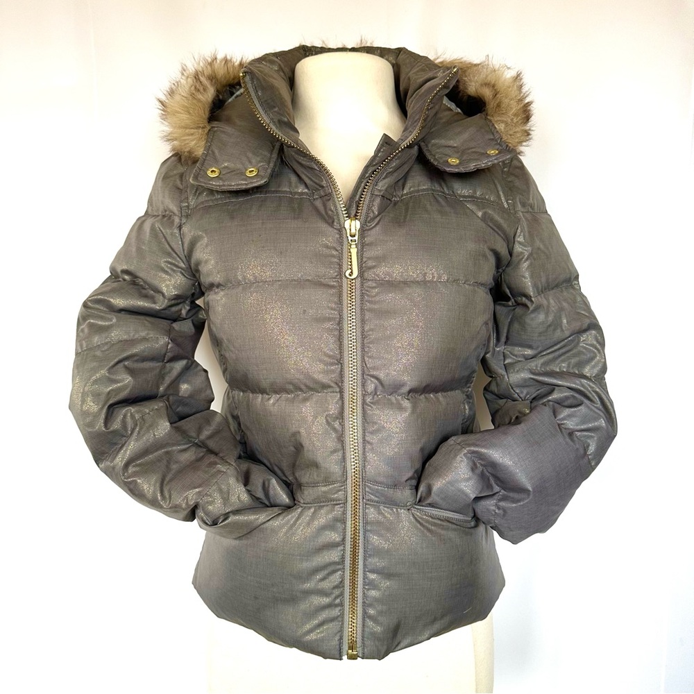 Y2K JUICY COUTURE DOWN FAUX FUR HOODED GRAY PEWTER SHIMMER PUFFER JACKET SzS